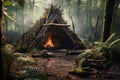 Bushcraft wickiup shelter in the forest. Generative AI Royalty Free Stock Photo