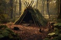 Bushcraft wickiup shelter in the forest. Generative AI Royalty Free Stock Photo