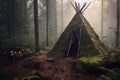 Bushcraft wickiup shelter in the forest. Generative AI Royalty Free Stock Photo