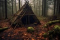 Bushcraft wickiup shelter in the forest. Generative AI Royalty Free Stock Photo