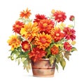 A bushel basket of red, orange, yellow, zinnias flowers bouquet