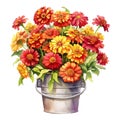 A bushel basket of red, orange, yellow, zinnias flowers bouquet