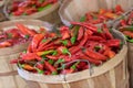 Bushel baskets full of ripe, freshly picked red chili peppers