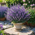 Bushes of lavender in landscape design. Lavender in the garden. The aromatic French Provence lavender grows surrounded