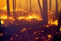 Bushfire apocalypse in forest with big destruction background. Deforestation firestorm environmental ecology hazard with