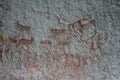 Bushmen rock painting of human figures and antelopes, giraffe of the Matopos National Park, Zimbabwe