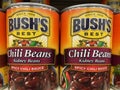 Bushs canned beans ona retail shelf hot chili