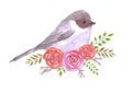 Bushtit and perennial flowering plant watercolor painting Royalty Free Stock Photo