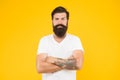 Bushy beard hipster man barbershop client yellow background, attractive guy concept