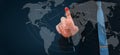 Busieness man pointing finger on UK on the virtual world map, brexit concept Royalty Free Stock Photo