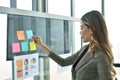 Busimess Asian woman looking at paper note stick on glass board for work plan in office Royalty Free Stock Photo