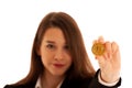 Business woman holds bitcoin isolated over white Royalty Free Stock Photo