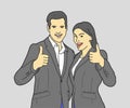 Businees man and business woman showing thumbs up with gray background