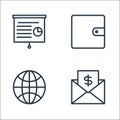 busines and finace line icons. linear set. quality vector line set such as email, world, wallet