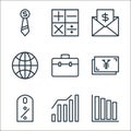 busines and finace line icons. linear set. quality vector line set such as statistics, bars, percentage, yens, briefcase, world,