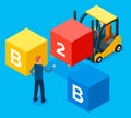 Busines to business flat isometric vector concept. People workers are compounding the word B2B