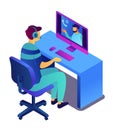 Businesman with headset making video call isometric 3D illustration.