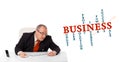 Businesman sitting at desk with business word cloud Royalty Free Stock Photo