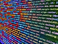 IT business. Abstract computer script code on screen. Digital technology on display. Programmer working in desktop laptop. Royalty Free Stock Photo