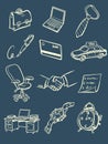 Business accessories things of a businessman collection set icons symbols sketch hand drawing