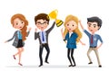 Business achievement vector character. Business employee team characters happy jumping.