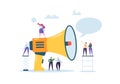 Business Advertising Promotion. Loudspeaker Talking to the Crowd. Big Megaphone and Flat People Characters Advertisement Royalty Free Stock Photo