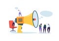 Business Advertising Promotion. Loudspeaker Talking to the Crowd. Big Megaphone and Flat People Characters Advertisement