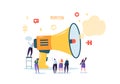 Business Advertising Promotion. Loudspeaker Talking to the Crowd. Big Megaphone and Flat People Characters Royalty Free Stock Photo