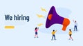 Business Advertising Promotion. Loudspeaker Talking to the Crowd. Big Megaphone and People Characters Advertisement Royalty Free Stock Photo