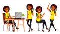 Business African Black Woman Character Vector. Female In Different Poses. Clerk In Office Clothes. Designer, Manager