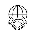 Line icon style business agreement. Hand shake with globe for deal contract, International partnership, Global business Royalty Free Stock Photo