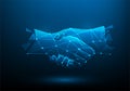 business agreement handshake poly line and point on blue dark blue background. Hands link internet connection. Business success