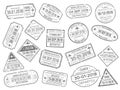 Business airport cachet mark and customs passports control stamp. Foreign travel and immigration passport official stamps vector