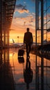 Business airport concept Silhouettes of a businessman with his suitcase, waiting for a plane