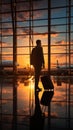 Business airport concept Silhouettes of a businessman with his suitcase, waiting for a plane