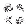 Business analysis icon. symbol with magnifying glass. dollar increase revenue. Money with arrow. finance cost. decrease rate econo