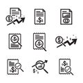 Business analysis icon. symbol with magnifying glass. dollar increase revenue. Money with arrow. finance cost. decrease rate econo