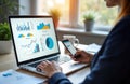Business analyst reviews financial data on laptop, smartphone. Visualizing performance metrics with charts, graphs. Analyzing