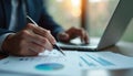 Business analyst reviews financial statements for internal control audit. Person examines documents with charts, graphs. Data