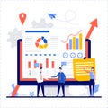 Business analysts teamwork with tiny character. People develop a strategy to increase sales using computer with diagrams and