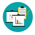 Business analytics icon. Clipboards with graphics diagram and data