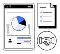 Digital Interface with Analytics Chart, Checklist, and Handshake Icon for Business and Productivity Solutions Royalty Free Stock Photo