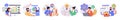 Business analytics concept set with characters in flat design for web. People analyzing data graphs with growth arrows