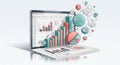 Business analytics dashboard displayed on laptop screen with colorful charts graphs and scattered icons representing data analysis Royalty Free Stock Photo