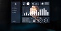 Business analytics dashboard with hand touching digital interface, graphs, charts, data visualization, performance Royalty Free Stock Photo