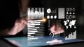 Business analytics dashboard interaction with digital data on a tablet screen showcasing charts, graphs, and world map Royalty Free Stock Photo
