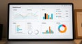 Business analytics dashboard on laptop screen showing data visualization graphs for financial reports and performance metrics Royalty Free Stock Photo