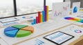 Business analytics data visualization with charts graphs and reports on a desk isolated on white background Royalty Free Stock Photo