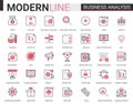 Business analytics flat thin red black line icons vector illustration set, businessman analyst tools for digital