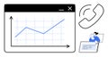 Business Analytics and Communication Concept with Graph, Phone Call Icon, and Person Using a Laptop Royalty Free Stock Photo